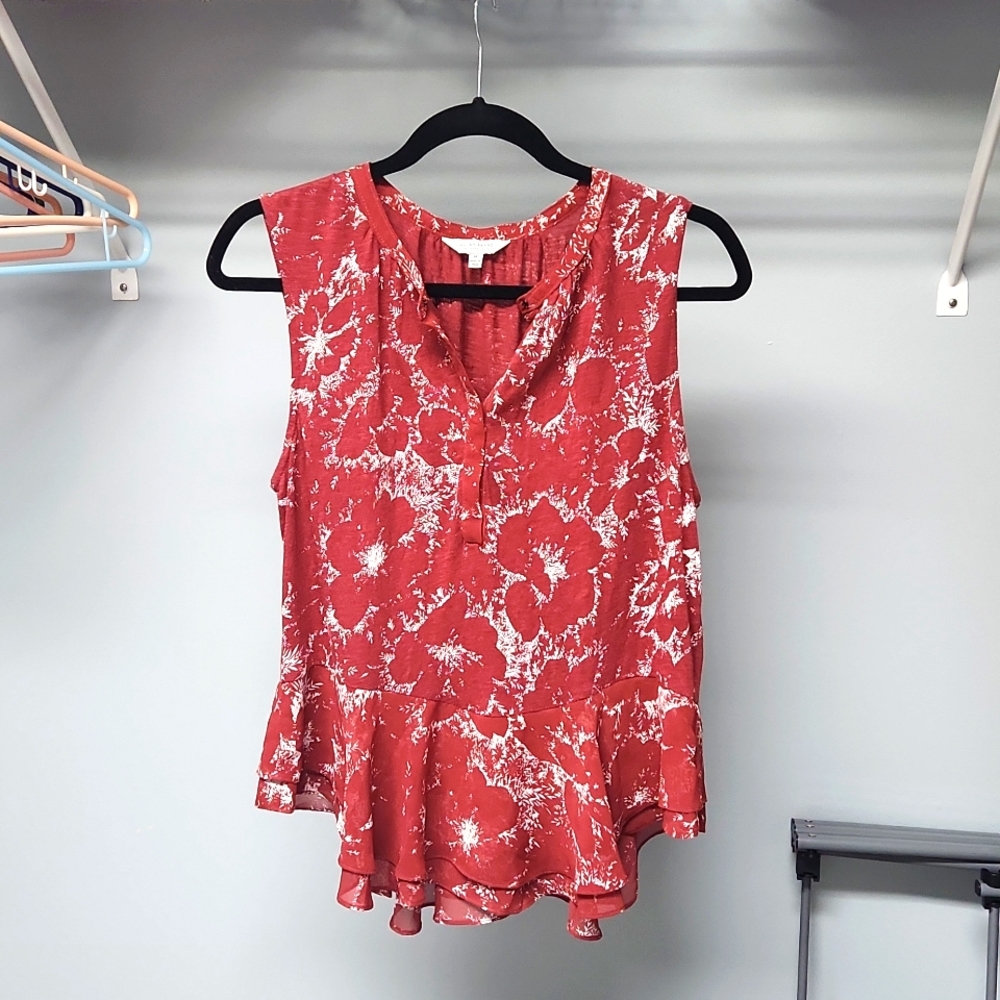Lucky Brand size medium women's sleeveless top, burnt orange with white pattern.